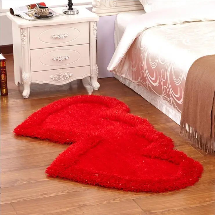 Милые эластичные яркие шелковые ковры, двойные коврики в форме сердца, толстые коврики, коврики для гостиной, прикроватные коврики - Цвет: Красный