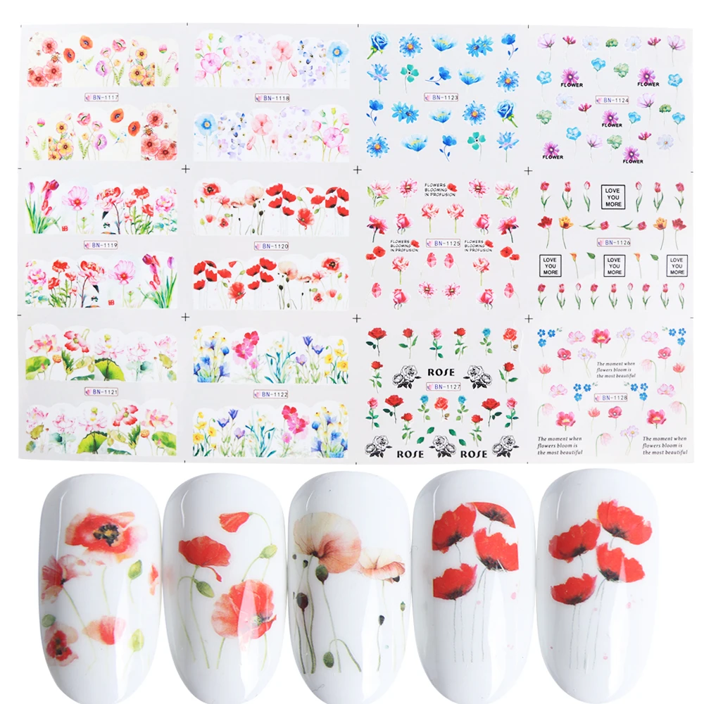 

12 Design Spring Flower Water Transfer Nail Sticker Art Floral Slider Beauty In Full Wrap Decal Tips Decoration SABN1117-1128