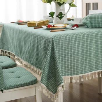 

High Quality Japanese Fabric Table Cover Grid Stripe Little Tassel Tablecloth Foreign Trade Sit Room Tea Table Cloth Tablecloth