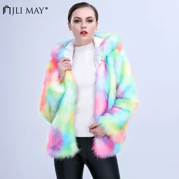 

JLI MAY Winter Multicolor Faux Fur Coat Jacket with hood Warm Open Stitch Wide-waisted Casual Thick Long Sleeve plus size