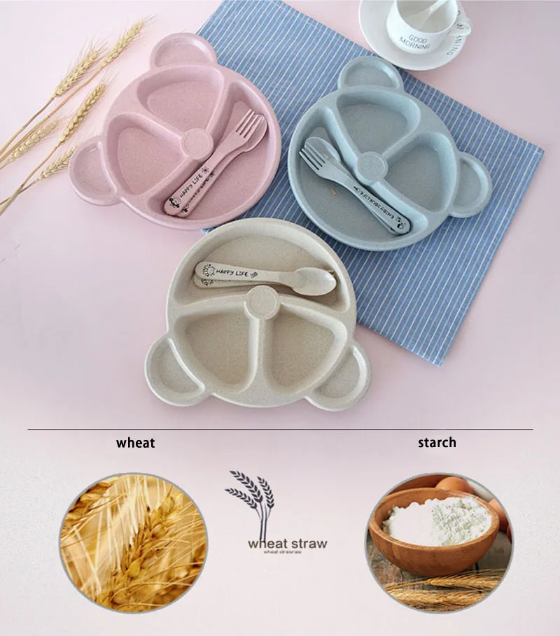 3Pcs Baby Bamboo Food Storage Tableware Kids Plate Spoon Fork Solid Dishes Newborn Children Eco-friendly Dinnerware Set BB5129 (9)