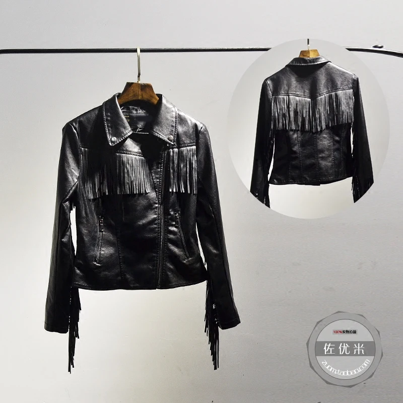 Franges Black Solides Vente Cuir De D'urgence Femmes Printemps Casaco Moto Slim 2018 Plein Tassel Retour Nouveau Rue À Gland En Zipper blue Tassel After black Transporté Before Veste Tassel qtx81nW8T