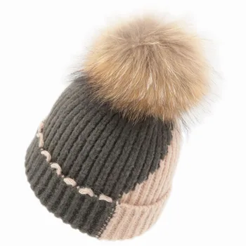 

New Patchwork Women Winter Removable Fox Fur Pom pom Knitted Skullies Beanies Caps Wool Fluffy Curled Fur Hats