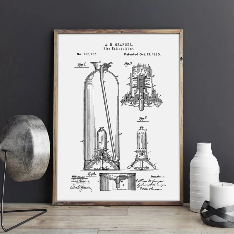 Fireman Extinguisher Patent Prints Poster Home Decor