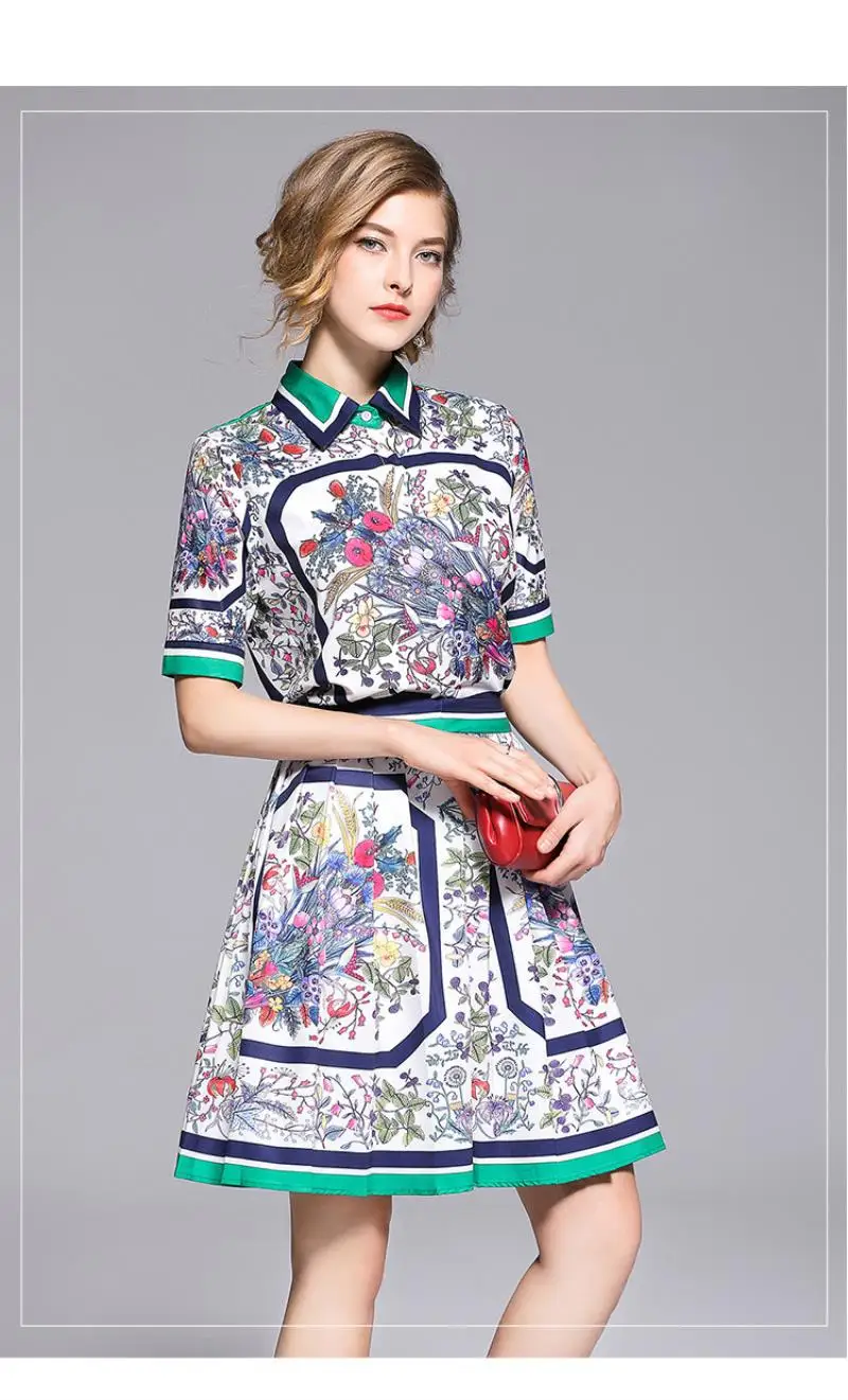 European women's wear 2018 The new summer With short sleeves lapel Stripe edge Floral print shirt + Pleated skirt  printing suit