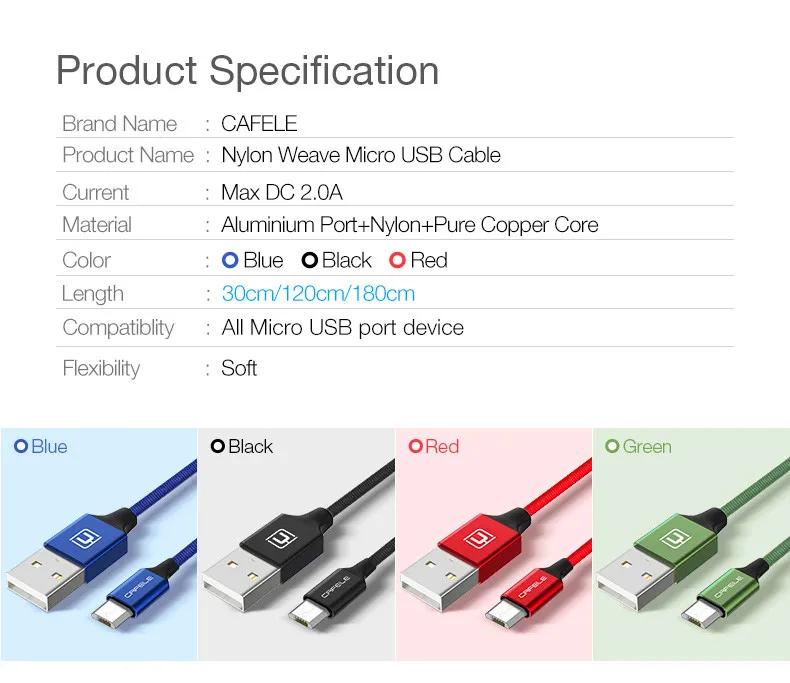 Cafele Micro USB кабель для Xiaomi Redmi 4X зарядный кабель USB Micro USB нейлоновый тканый кабель Micro USB для Xiaomi Redmi 5 Plus