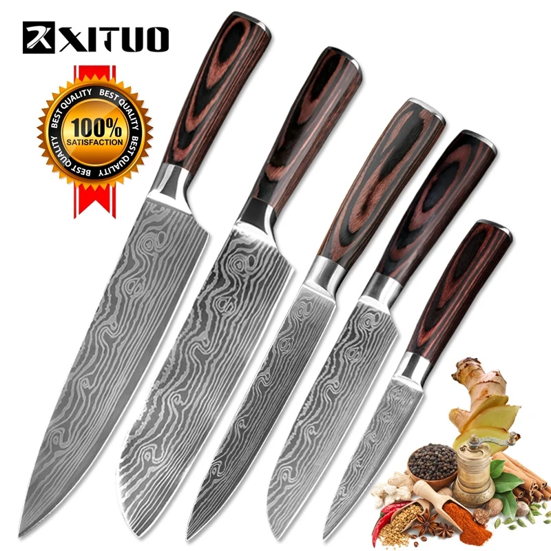 XITUO 5PCS Messenset Pakka Kitchen Knives Japanese Damascus Steel Pattern Chef Knife Santoku Paring Santoku Slicing Utility Tool