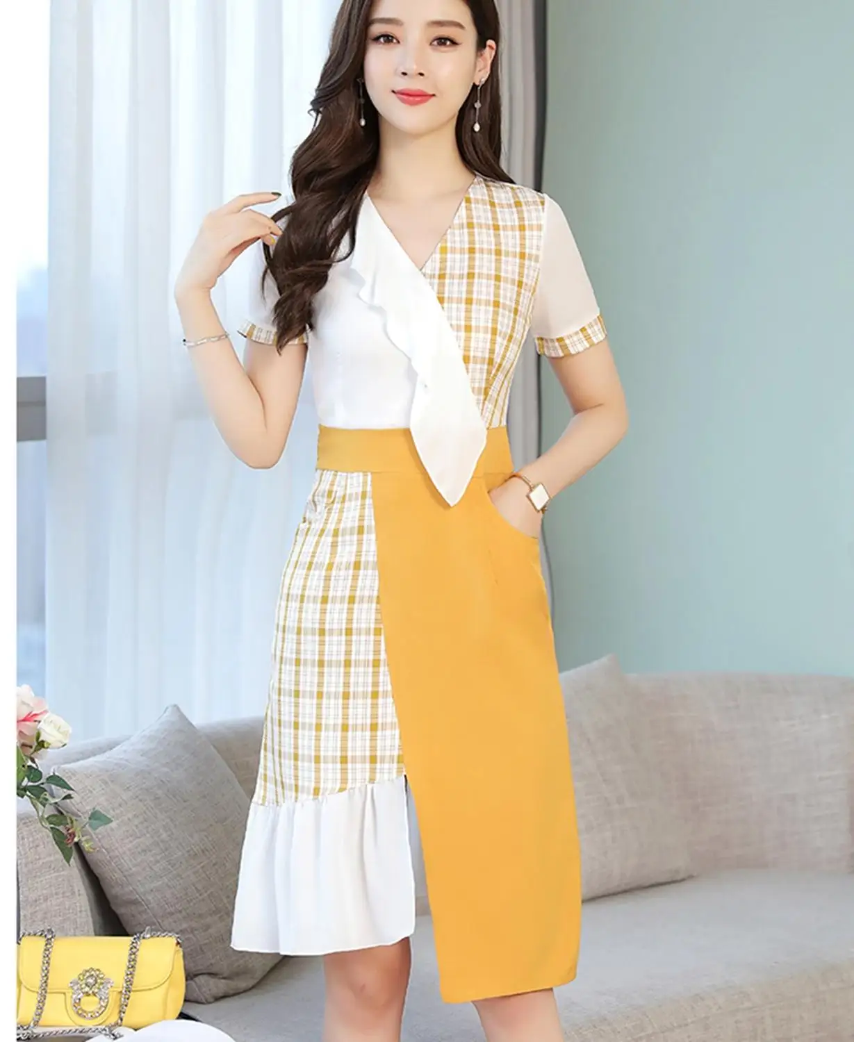 

New summer chiffon dress women Patchwork ruffled office plaid dress ladies elegant V-neck short-sleeved irregular work dress