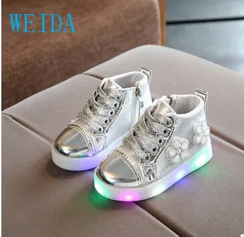

5 pairs - children's girls LED luminous sports shoes children's shoes girls PU shoes autumn rubber button casual shoes