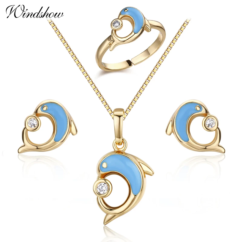 

Gold Color Blue Dolphin Play CZ Ball Stud Earrings Ring Pendant Necklace Animal Small Jewelry Sets For Women Children Kids Girls
