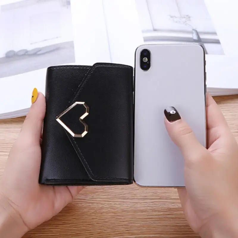 Women's Wallet For Credit Card Metal Heart-shaped Leather Short Section Three-folded Wallet Elegant Female Wallet Card Package Women's Wallet For Credit Card Metal Heart-shaped Leather Short Section Three-folded Wallet Elegant Female Wallet Card Package
