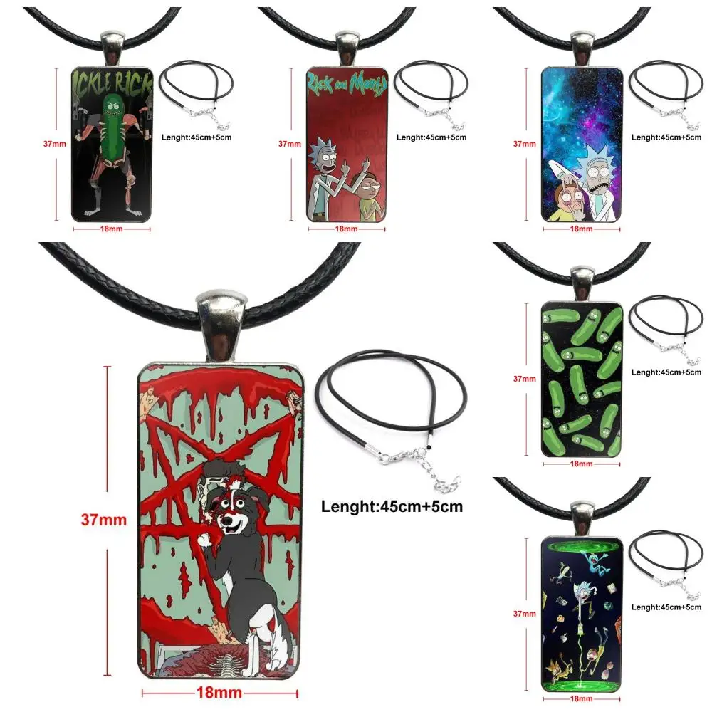 

For Men Women Glass Cabochon Choker Pendant Rectangle Necklace Steel Color Jewelry Rick And Morty Mr. Pickles Rick Brilliant