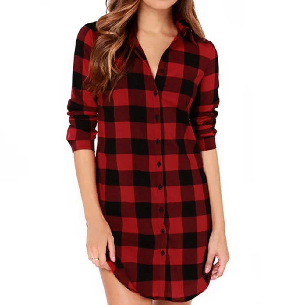 

Women Cotton Plaid Shirt Long Sleeve Irregular 5XL Plus Size Ladies Shirts Casual Check Tunic Long Blouse Top Black/Red Blusas