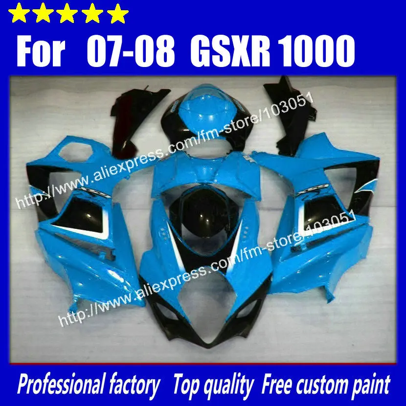 

Cusotm for 2007 SUZUKI GSXR 1000 fairings K7 K8 2008 gsxr 1000 fairing 07 08 black with glossy sky blue Dr11 with 7 gifts