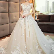 Elegant Floral Arab Long Train Wedding Dress Sheer Neck Plus Size Romantic Luxury Flower Wedding Gown Bridal Dress WX0137