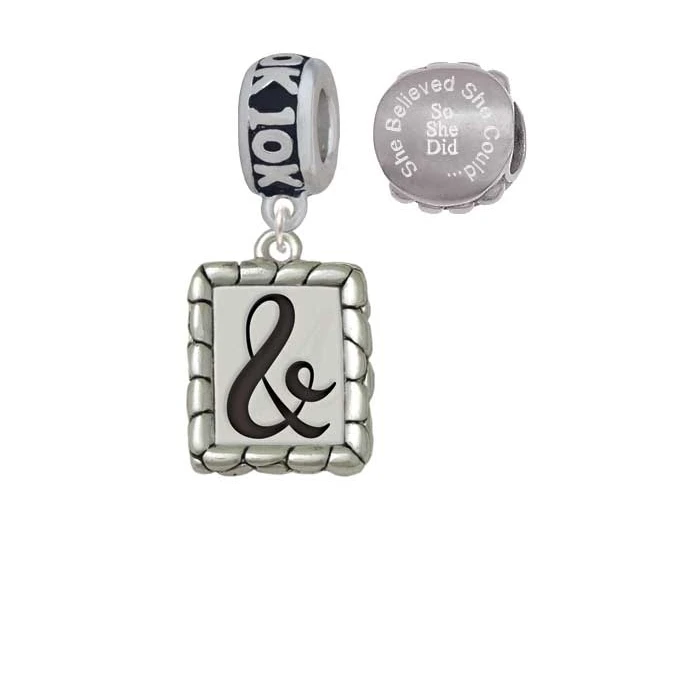 Silvertone Pebble Border Initial - & 10K Run She Believed She Could Charm Beads (Set of 2)