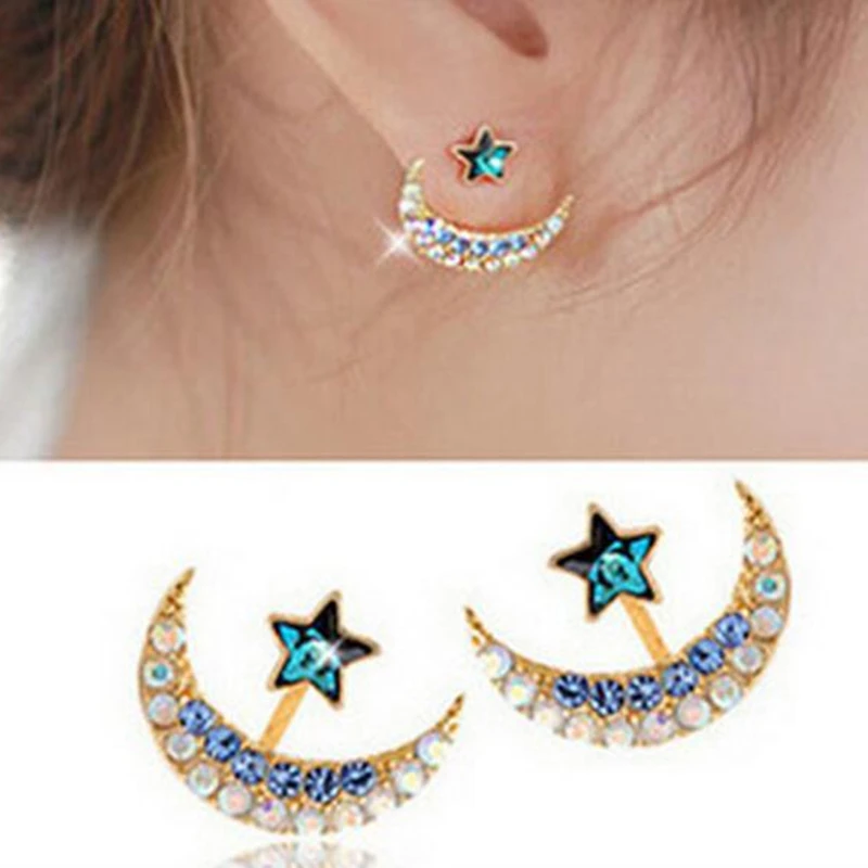

E0288 Shiny Full Rhinestones Crystal Stud Earrings Fashion Moon Star Double Sided Earrings For Women Girls Statement Ear Jewelry