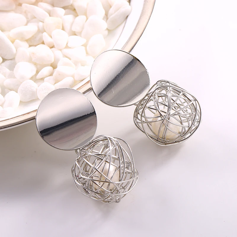 

FLDZ Fashionable Bright Metal Earrings Personality Geometry Ear Ball Suspension Ear Nails Female Hot Pearl nest Earrings