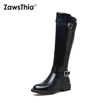 

ZawsThia Large size 33-43 low heels riding equestrian woman knee high boots buckle with zip Retro women's motorcycle boots shoes