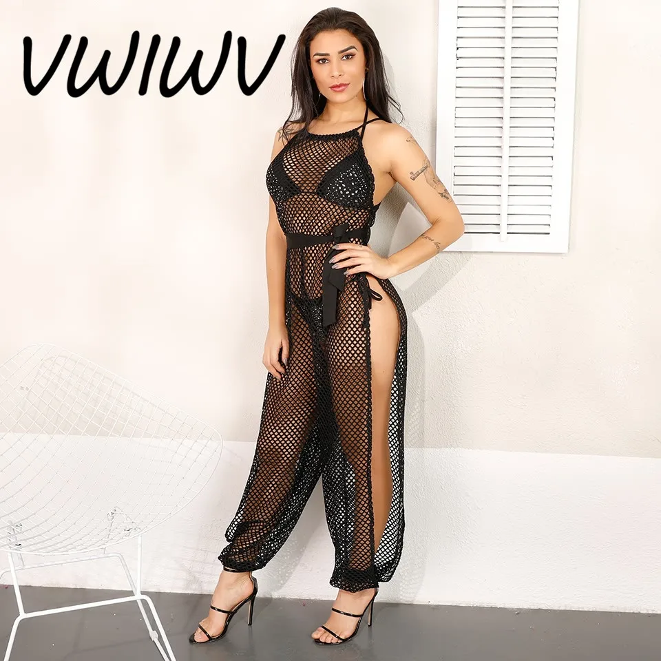 

VWIWV Women2019 Lastest Fashion Jumpsuit Loose Split Leg Sleeveless Sexy Mesh See Through beach Cover up Jumpsuit