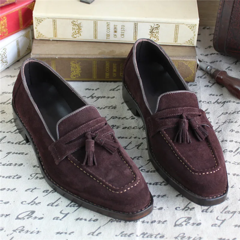 Da Dos Alta De Casuais A Handmade Confortável Qualidade Borla Vaca Goodyear Homens Maloneda Genuína Com Camurça Welted Sapatos Deslizamento Loafers Em Marrom qPCId