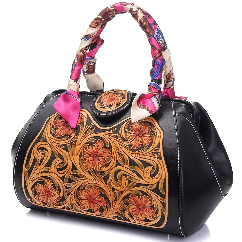 

Chinese Handmade Style Genuine Leather Carved Floral Designer Ladies Women's Black Tan Large Purse Handbag Female Shoulder Bag