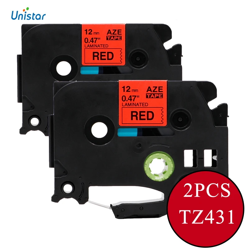 Unistar 2pcs TZe 431 Label Tapes 12mm Black On Red compatible Brother P