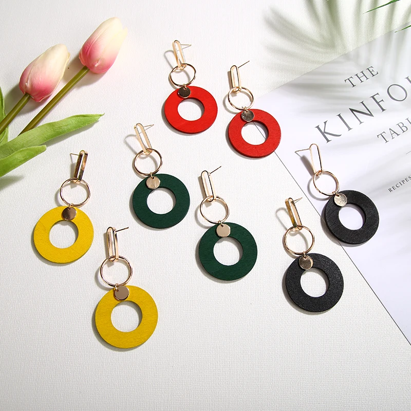 

KARASU Vintage Geometric Ear Drop Earring Round Circle Wood Dangle Earrings for Women Girls Zinc Alloy Retro Jewelry Gift