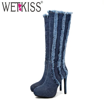 

WETKISS High Heels Stretch Women Boots Round Toe Rubber Footwear Platform Female Boot Knee High Shoes Women 2018 Plus Size 33-43