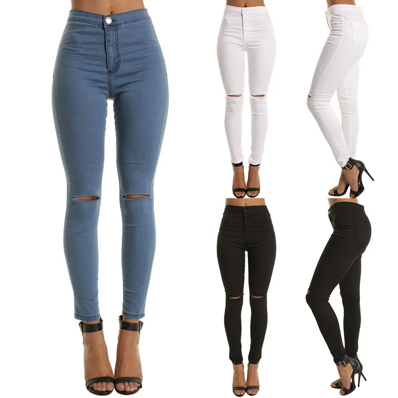 SHUJIN High Waist Casual Skinny Jeans For Women Hole Vintage Girls Slim Ripped Denim Pencil Pants High Elasticity Black Blue SHUJIN High Waist Casual Skinny Jeans For Women Hole Vintage Girls Slim Ripped Denim Pencil Pants High Elasticity Black Blue