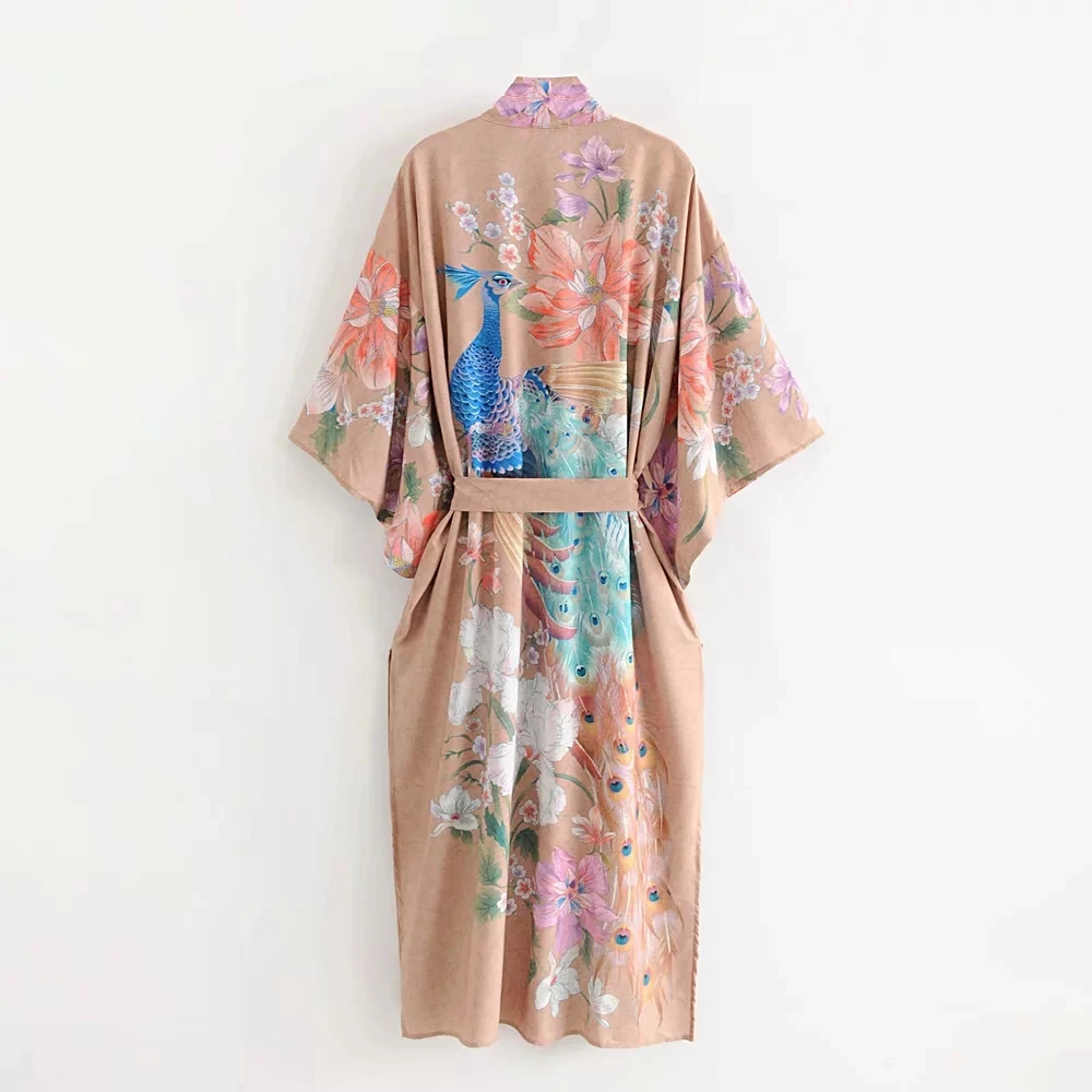 Withered trench women bohemian vintage Peacock and floral printing Wrap around kimono cardigan trench long coat women plus size