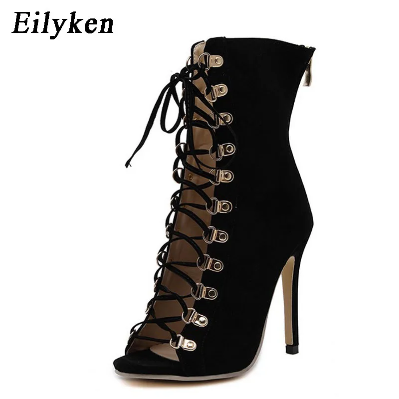 

Eilyken Spring Summer Women Sandals Sexy Blcak Flock Leather Lace Up Peep toe Patch Work thin high heel Ankle Boots Trendy Pumps