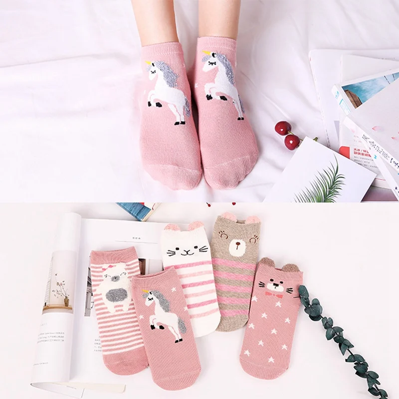 

5 Pairs Cute Animal Cotton Socks Kids Kawaii Cat With Dog Summer Short Socks Slippers Baby Unicorn Soft Boat Socks