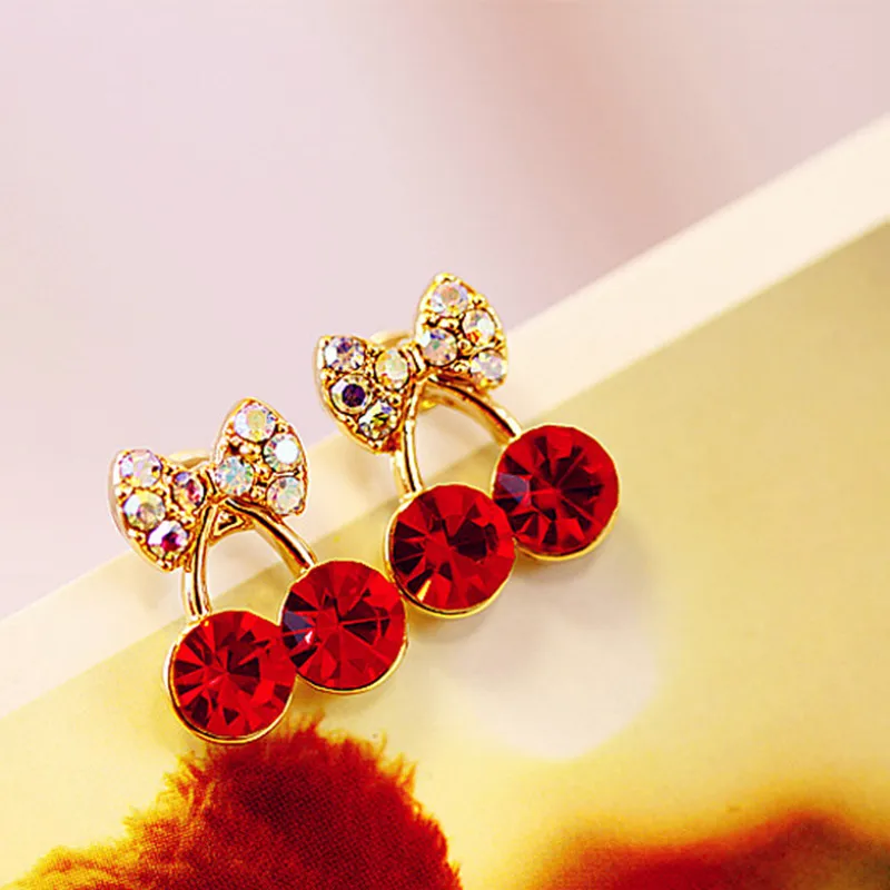 

Sale Fashion Lovely Red Cherry Earrings Rhinestones Leaf bead stud Errings for women Girls Jewelry