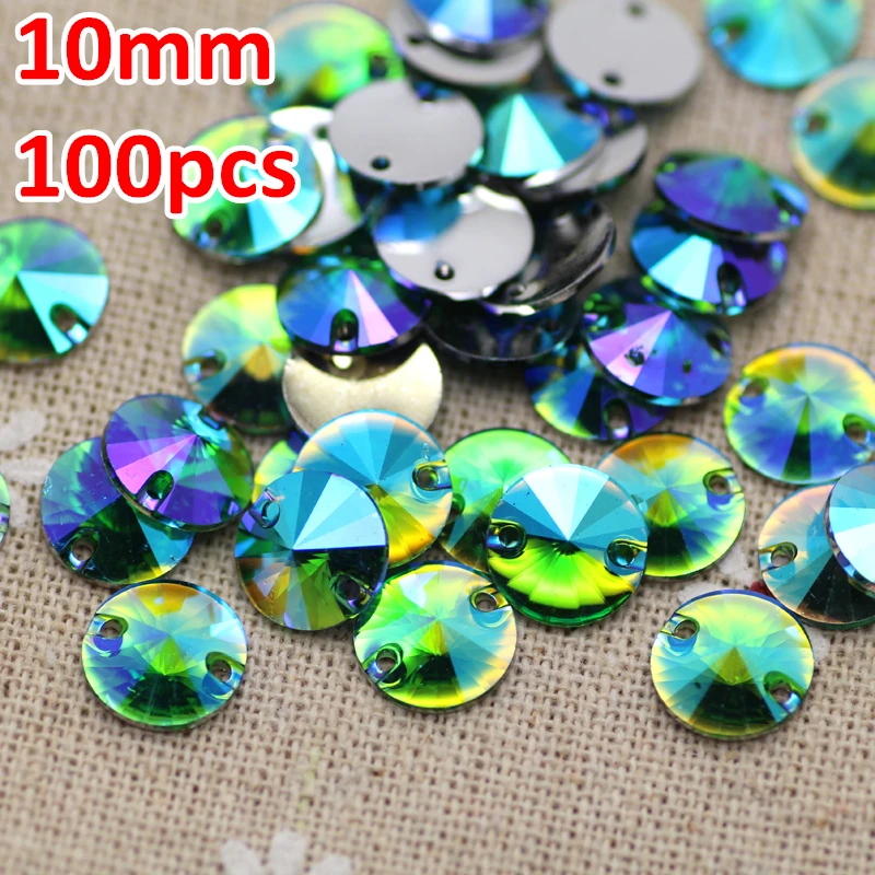 

100pcs 10mm Green AB Resin Round Sew On Rhinestone Silver Flatback Sew On crystal Stones For Garment Decoration