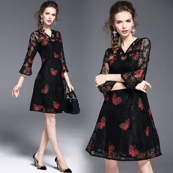 

womens woman ladies Elegant sexy V-neck lace embroidery Embroidered Butterfly runway black Cocktail party office work wear dress