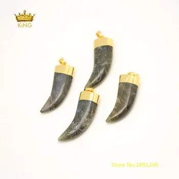 

5pcs Natural Flash Labradorite Horn Pendants Trendy Jewelry,Polished Labradorite Plated Gold Edged Charms Craft Necklace GH92