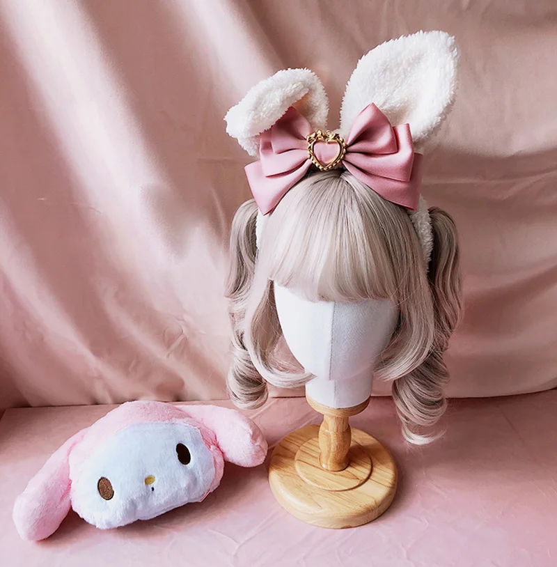 Многоцветный японский кавайный винтажный плюшевый кролик с ушами KC головной убор бант повязка для косплея повязка для волос Лолита ручной работы аксессуары для волос