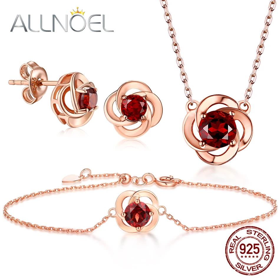 

ALLNOEL 925 Sterling silver Real Garnet Jewelry Set Rose Necklace Bracelet Stud Earrings For Women Natural Gemstone Fine Jewelry
