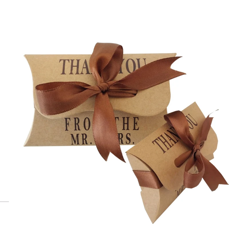 

50pcs/set Kraft Paper thank you Pillow Candy Box With Ribbon packaging Wedding Party decoration Favors Gift Candy Boxes