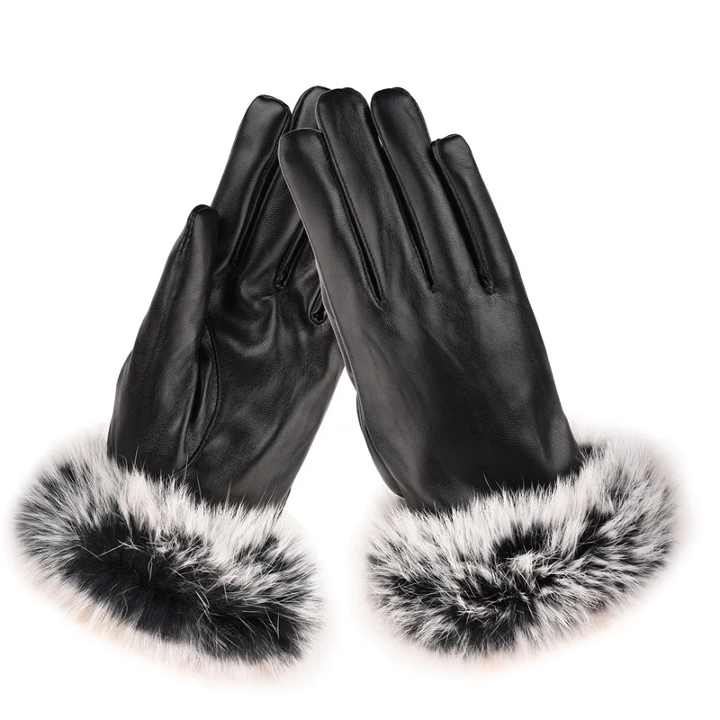 XUANSHOW, кожаные перчатки с сенсорным экраном, женские, кроличья шерсть, на запястье, рот, Осень-зима, сохраняют тепло внутри, коралловый флис, плотные перчатки