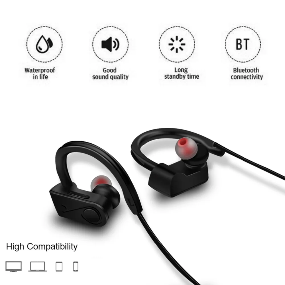 SOONHUA Wireless Bluetooth Earphone Ear Hook Sports Stereo Headphone Waterproof Bass Headset With Handsfree Microphone For Phone