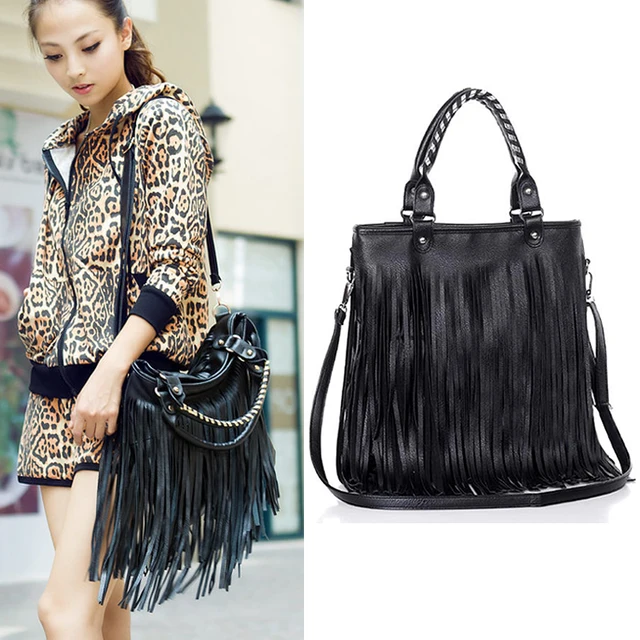 2017 Punk Double Side Tassel Bag Fringe Lady Pu Leather Black 2017 Punk Double Side Tassel Bag Fringe Lady Pu Leather Black Handbag Shoulder Purse Drop