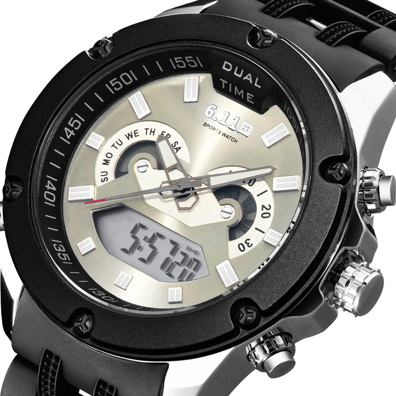 

6.11 Mens Fashion Dual Time Digital Quartz Watch Silicone Watch Band LED Digital Watch Men Outdoor Waterproof Sport Watch