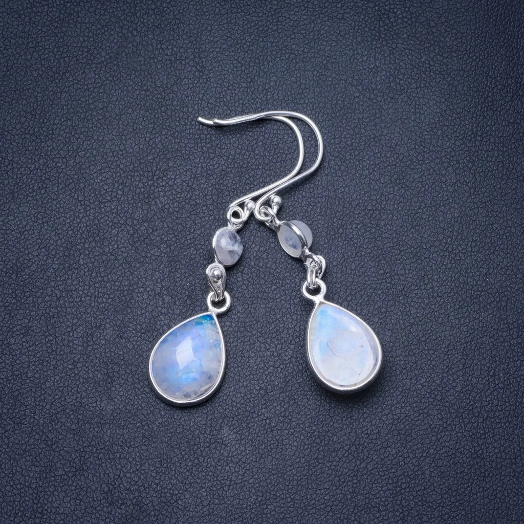 

Natural Rainbow Moonstone Handmade Unique 925 Sterling Silver Earrings 2" Y0331