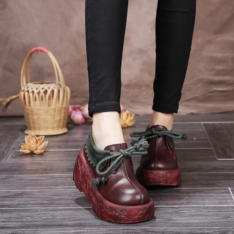 Genuine Leather Women Heeled Shoes Pumps Round Toes High Heels Lace-up Platform Wedges High Quality Solft Bottom Casual Shoe