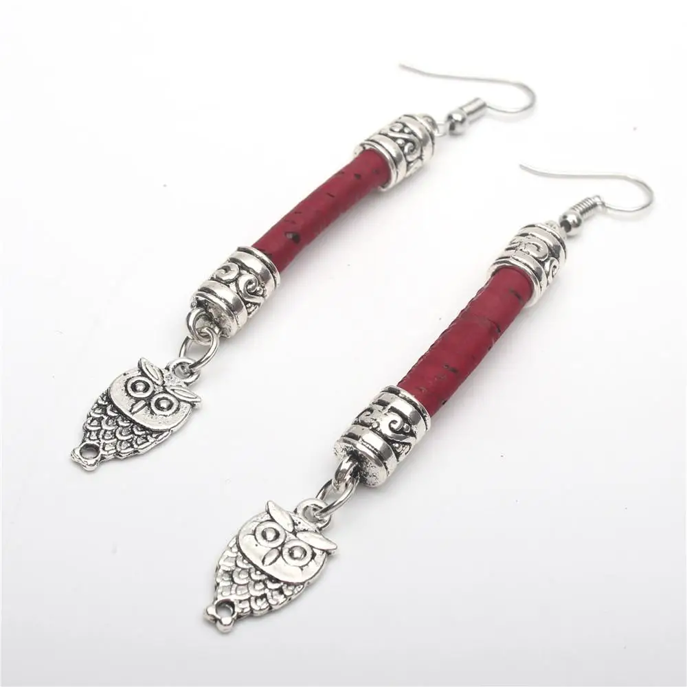 Portuguese cork dangle earrings life of antique sliver owl handmade wood jewelry ERW 005dangle