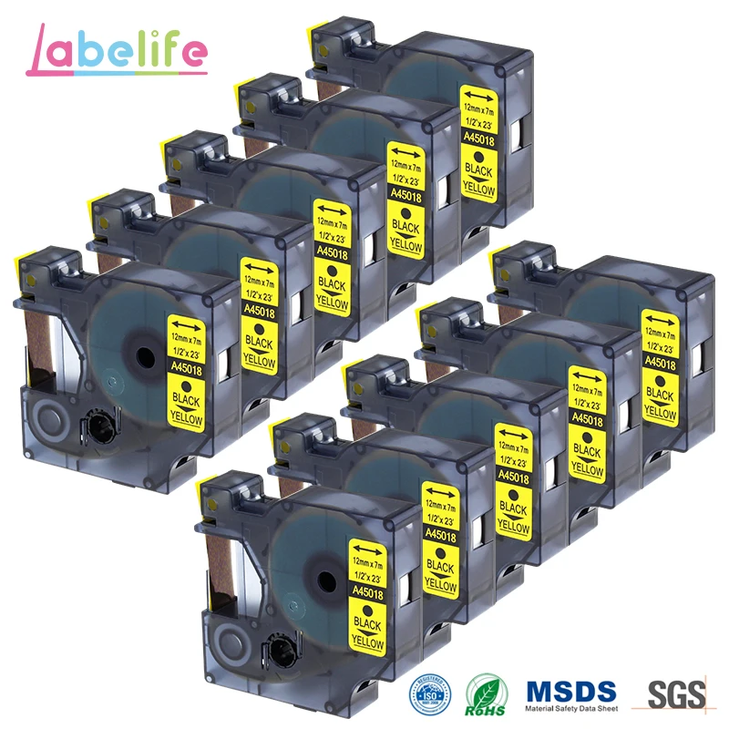 Labelife 10 шт 45018 черный/желтый 12 мм Совместимость с DYMO D1 электронная лента multipurpopse самоклеющиеся D-1 Ленточные картриджи