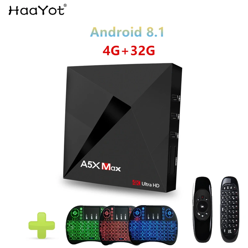 

HAAYOT A5X MAX Smart TV Box Android 8.1 4GB 32G Rockchip RK3328 BT4.1 1080P H.265 4K Youtube 2.4G WiFi 3D Set Top Box tvbox IPTV