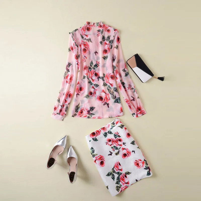 Hemd Runway Designer Anzug Mode Elegante Rock Bluse Set Langarm Kleidung Druck Sommer Jacquard 2018 Frauen j54AqR3L